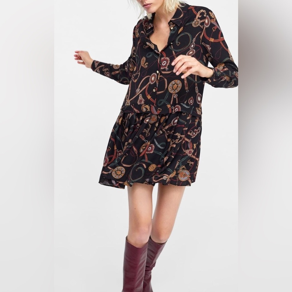 ZARA Equestrian Print Long Sleeve Pleated Mini Dress S